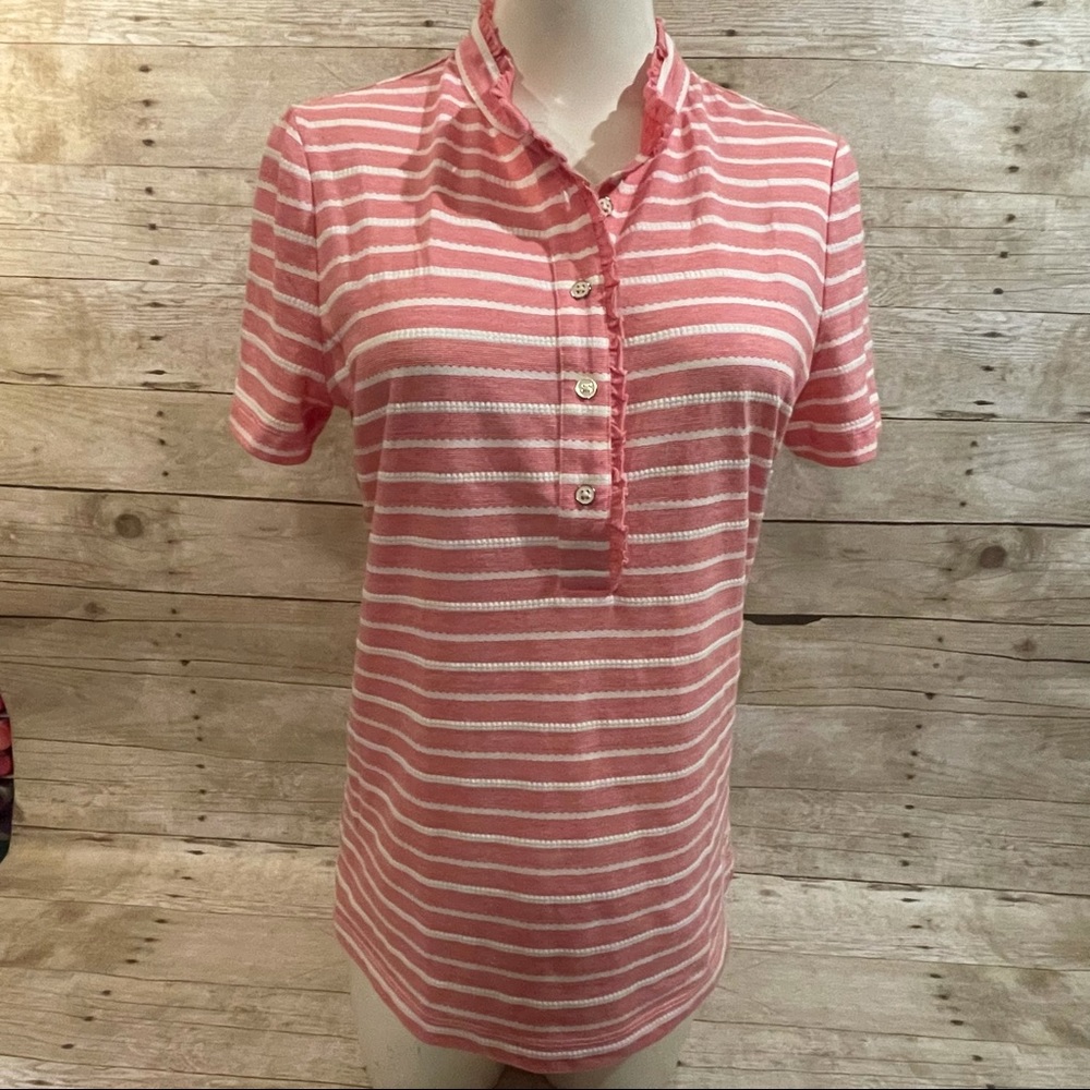 HP! Tory Burch Soft Ruffle Trim Striped Polo size Large